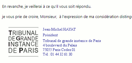 Image : extrait d'un courriel du 10 décembre 2014 de Jean-Michel Hayat, président du tribunal de Paris (crash AF447 Rio-Paris)